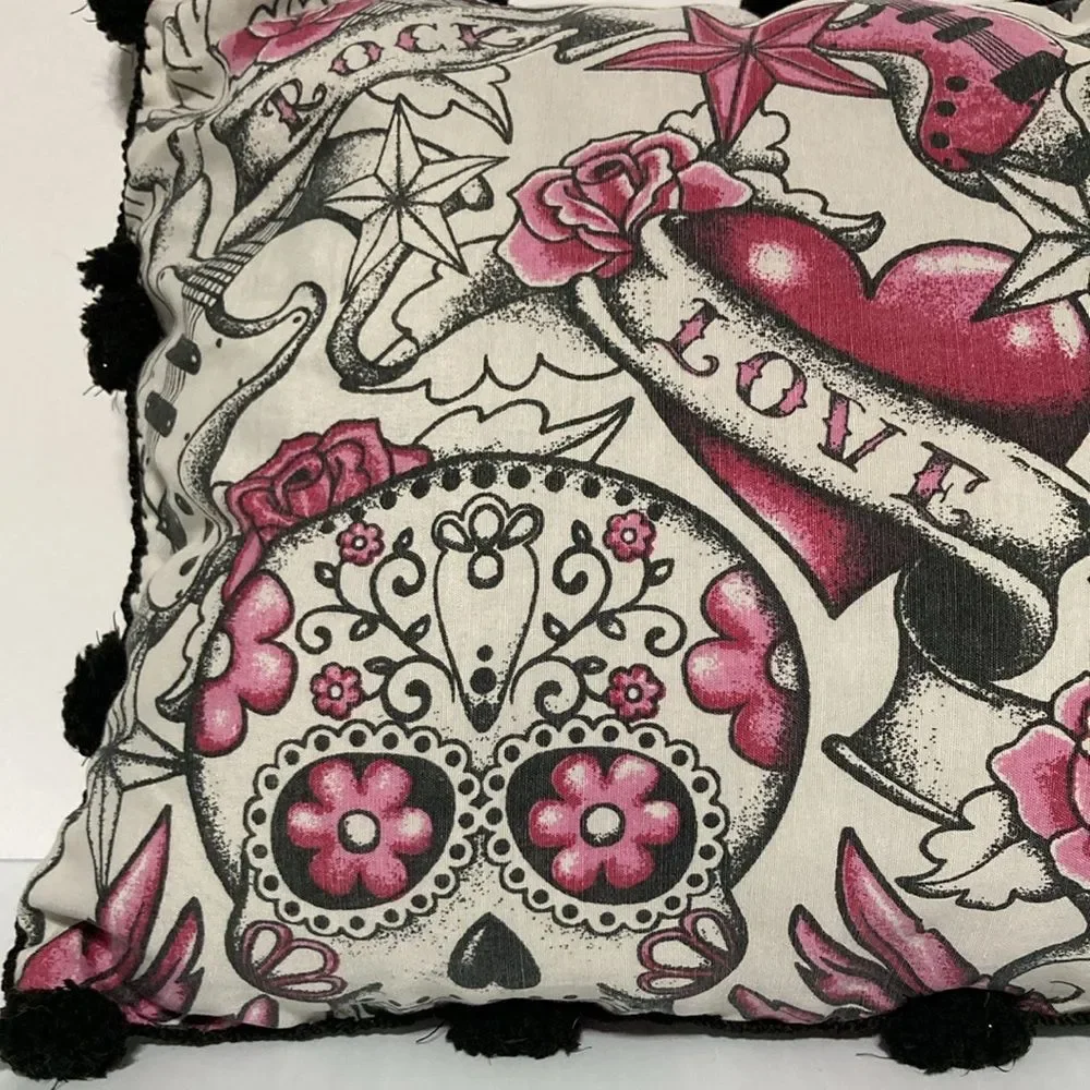 DAY of THE DEAD Rock Guitar Pink Roses Accent Throw Pillow 12 x 8 in Set of 2